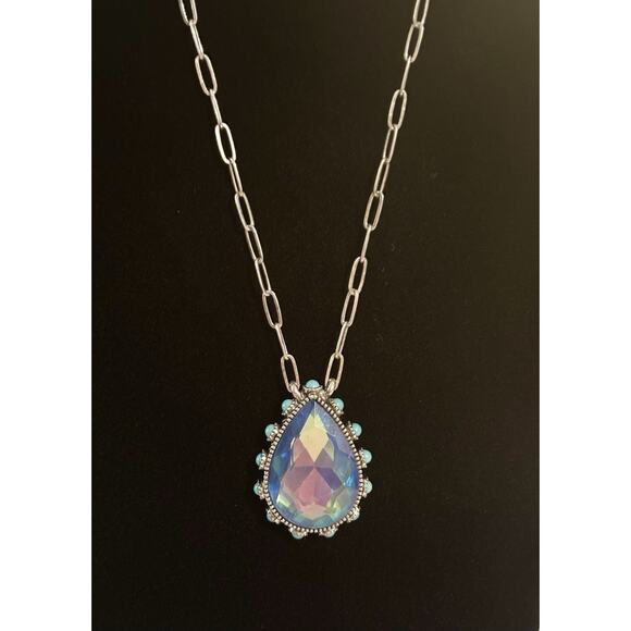 Iridescent Teardrop Crystal Pendant Necklace with Turquoise Beads - Picture 3 of 4